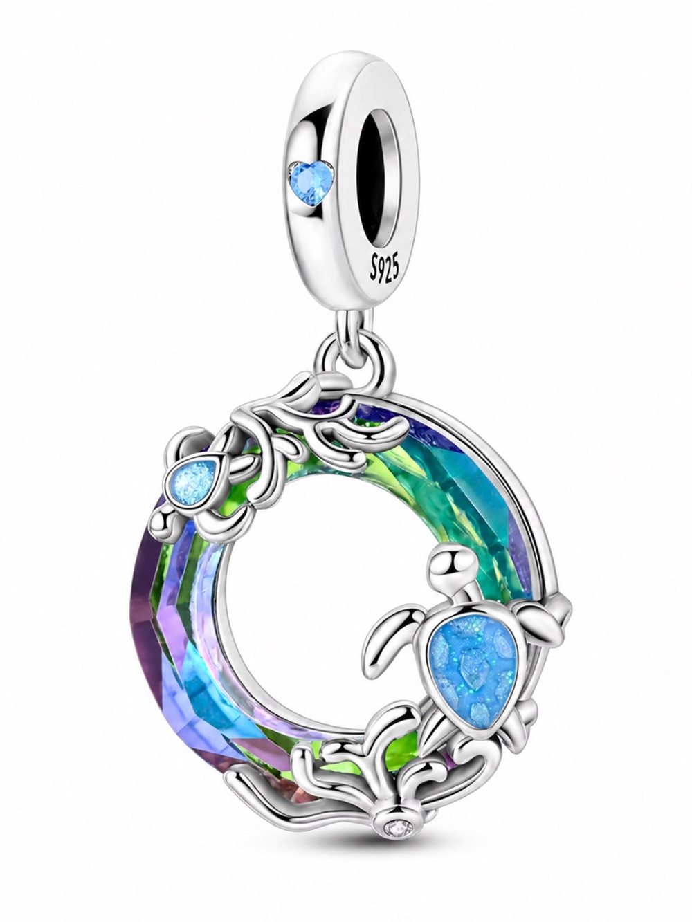 🐢 925 Sea Turtle Ocean Wave Opal Charm Blue CZ Dangle Pendant